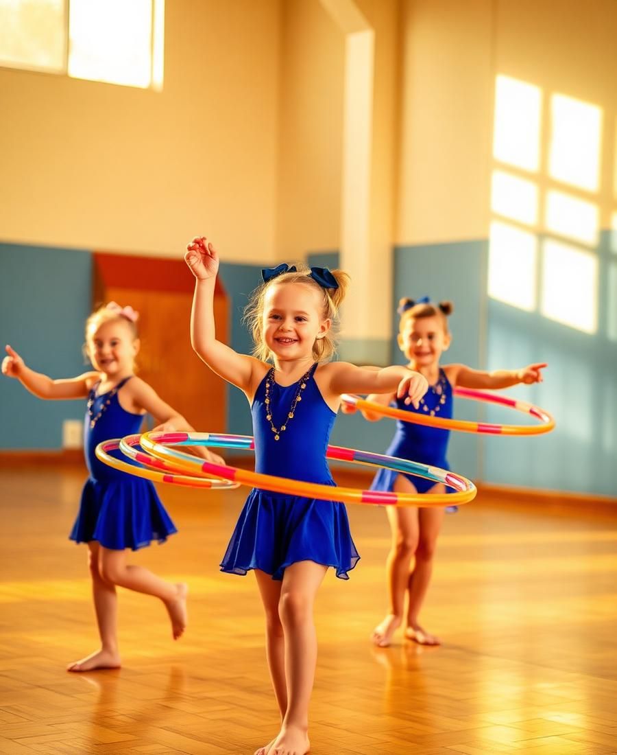 Young rhythmic gymnasts practicing hoop routines in a bright training gym in Colorado