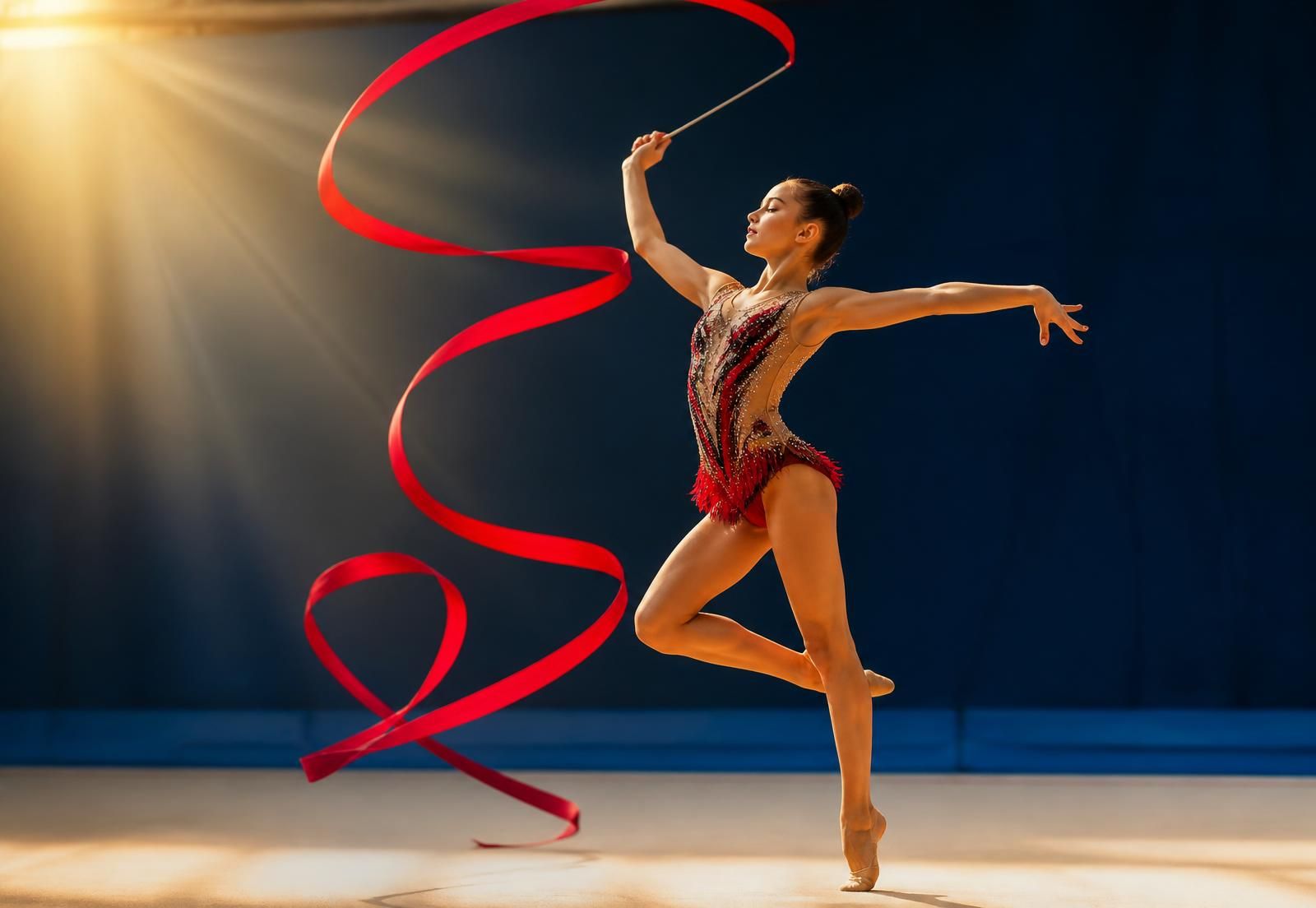 Rhythmic gymnast performing a ribbon routine at Mile High Rhythmic Gymnastics Academy in Colorado